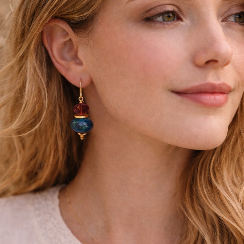 Handmade Chrysocolla & Garnet Dangle Earrings – Gold Filled / Vermeil